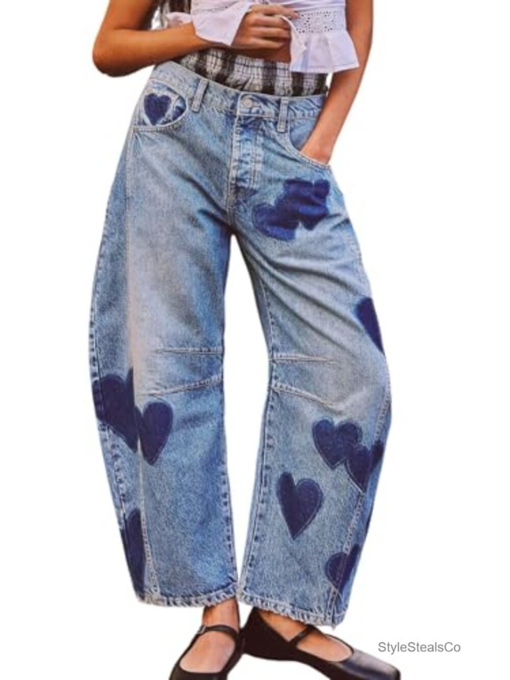 Wide Leg Baggy Barrel Jeans Distressed Printed Boyfriend Denim Pants